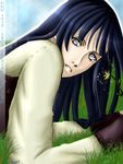 :d black_hair blue_sky blush flower grass hyuuga_hinata long_hair looking_at_viewer lying naruto naruto_(series) naruto_shippuuden niolynn on_stomach open_mouth parted_lips plant purple_eyes sky smile solo teeth upper_body 