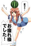  asahina_mikuru balancing bent_over blue_sailor_collar blue_skirt brown_hair food fruit jyura kita_high_school_uniform leg_up long_hair object_on_head open_mouth outstretched_arms sailor_collar school_uniform serafuku shoes skirt socks solo spread_arms spread_legs standing standing_on_one_leg suzumiya_haruhi_no_yuuutsu translated trembling watermelon yellow_eyes 