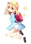  1girl :d animal backpack bag bird blonde_hair bloomers blue_shirt blush bow braid brown_eyes brown_footwear chick commentary_request copyright_request flower hair_bow hat hat_flower long_hair long_sleeves looking_at_viewer looking_to_the_side mary_janes official_art open_mouth randoseru school_bag shirt shoes side_braid simple_background single_braid smile socks solo underwear verjuice white_background white_bloomers white_bow white_flower white_legwear yellow_hat 