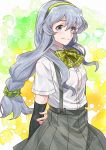  1girl absurdres arm_warmers arms_behind_back blush bow bowtie braid collared_shirt cowboy_shot eyebrows_visible_through_hair flat_chest green_background green_hairband green_neckwear green_ribbon grey_eyes grey_skirt hair_between_eyes hair_ornament hairband highres kanmiya_shinobu kantai_collection long_hair looking_at_viewer neck_ribbon pleated_skirt ponytail ribbon shirt short_sleeves silver_hair single_braid skirt solo suspender_skirt suspenders wavy_hair white_background white_shirt yamagumo_(kantai_collection) yellow_background 