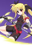  arm_belt arm_guards armor armored_boots bardiche belt black_bodysuit black_gloves blonde_hair bodysuit boots clenched_hand elbow_gloves energy_blade fate_testarossa fingerless_gloves gloves hair_ribbon kirisawa_tokito long_hair lyrical_nanoha magical_girl mahou_shoujo_lyrical_nanoha polearm red_eyes ribbon scythe smile solo staff twintails vambraces very_long_hair weapon 