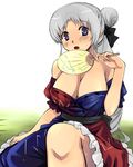  ;o bangs blue_eyes blush breasts cleavage clothes_down fan grey_hair head_tilt large_breasts long_hair looking_at_viewer no_bra one_eye_closed open_mouth paper_fan sash sitting skirt skirt_set solo sweat touhou uchiwa yagokoro_eirin yuu_(kfc) 