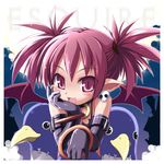  arm_support black_gloves blush close-up disgaea earrings elbow_gloves etna face fang gloves haga_yui jewelry looking_at_viewer makai_senki_disgaea neck_ring pointy_ears prinny purple_eyes purple_hair short_hair skull_earrings solo spiked_hair stuffed_animal stuffed_toy two_side_up 