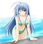  bikini blue_eyes blue_hair breasts cleavage covered_nipples fujinami_haruka green_bikini large_breasts long_hair looking_at_viewer one_eye_closed original solo striped striped_bikini swimsuit very_long_hair wet 