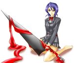  alternate_weapon artist_request barefoot bleach blue_hair kuchiki_rukia long_sleeves purple_hair school_uniform silk_sheet solo sword weapon zangetsu 