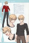  arthur_pendragon_(fate) blonde_hair casual character_name concept_art fate/prototype fate/stay_night fate_(series) green_eyes long_sleeves male_focus prototype saver takeuchi_takashi translation_request typo 