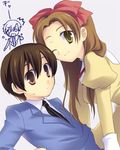  2girls androgynous artist_request fujioka_haruhi hair_ribbon houshakuji_renge long_sleeves multiple_girls one_eye_closed ouran_high_school_host_club reverse_trap ribbon suou_tamaki 