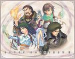  3boys anklet belt beret bridal_gauntlets brown_eyes brown_hair circlet clenched_teeth copyright_name crossed_legs detached_sleeves dress elbow_gloves electricity everyone facial_hair fighting_stance fire gensou_suikoden gensou_suikoden_ii gloves goatee green_eyes green_hair grey_eyes hat high_heels high_ponytail jacket jeane jewelry kahn_marley long_hair long_sleeves luc_(suikoden) magic mazus multiple_boys multiple_girls necklace obi ofuda open_mouth pendant ponytail purple_hair ribbon sash shoes short_hair silver_hair sitting smile staff tabard teeth turtleneck viki_(suikoden) watanuki_nao white_hair wince 