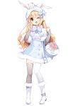  1girl ;d animal animal_ears animal_on_head asymmetrical_legwear bag bangs blonde_hair blue_capelet blue_skirt blush brown_eyes brown_legwear bunny_ears capelet cat cat_on_head commentary_request copyright_request eyebrows_visible_through_hair flower full_body fur-trimmed_boots fur-trimmed_capelet fur-trimmed_skirt fur_trim hair_between_eyes hands_up hat long_hair long_sleeves looking_at_viewer official_art on_head one_eye_closed open_mouth pink_flower pink_rose rose shirt simple_background single_leg_pantyhose single_thighhigh skirt sleeves_past_wrists smile solo standing striped striped_legwear thighhighs verjuice vertical-striped_legwear vertical_stripes very_long_hair white_background white_footwear white_hat white_legwear white_shirt 
