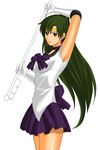  armpits arms_up back_bow bishoujo_senshi_sailor_moon black_bow black_choker bow choker earrings elbow_gloves gloves green_hair hair_bun half_updo jewelry long_hair magical_girl meiou_setsuna sailor_pluto sailor_senshi_uniform simple_background solo staff tiara toshibou_(satsukisou) white_background white_gloves 