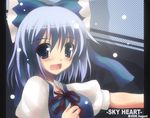  blue_eyes blue_hair blush bow cirno face fang fukai_ryousuke hair_bow open_mouth short_hair smile solo touhou upper_body 