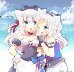  2girls animal_ear_fluff animal_ears apron azur_lane bangs bird black_bow black_dress black_gloves black_hairband black_sleeves blue_eyes blue_shirt blue_sky blush bow breasts cat_ears character_request cloud cloudy_sky collarbone commentary_request day detached_sleeves dress eyebrows_visible_through_hair fingerless_gloves fingernails frilled_apron frills gloves hair_between_eyes hair_bow hairband hammann_(azur_lane) hand_on_hip kouu_hiyoyo long_hair multiple_girls one_eye_closed one_side_up open_mouth outdoors puffy_short_sleeves puffy_sleeves red_bow remodel_(azur_lane) sailor_collar shirt short_sleeves sky sleeveless sleeveless_shirt small_breasts strapless strapless_dress twitter_username waist_apron white_apron white_hair white_sailor_collar wrist_cuffs 