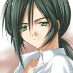  face fakir green_eyes green_hair izumi_yura long_hair lowres male_focus ponytail princess_tutu shirt smile solo 