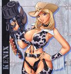  blonde_hair breasts cleavage copyright_request cowboy_hat cowboy_shot fringe_trim gun hat huge_breasts kenix solo weapon western 
