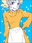  :d apron artist_request blonde_hair blue_background blue_eyes blush cowboy_shot gankutsuou hand_on_hip long_sleeves looking_at_viewer lowres male_focus open_mouth otoko_no_ko peppo simple_background smile solo waist_apron 