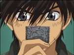  black_eyes black_hair condom face full_metal_panic! holding male_focus sagara_sousuke screencap solo spiked_hair upper_body 