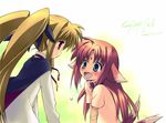  :d arf bandaid_on_arm blonde_hair blue_eyes blush brown_hair cape choker duplicate facial_mark fate_testarossa gotou_nao long_sleeves looking_at_another lowres lyrical_nanoha mahou_shoujo_lyrical_nanoha multiple_girls multiple_tails open_mouth pink_shirt red_eyes shirt short_sleeves smile tail twintails white_shirt 