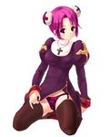  akamaru black_legwear blush bun_cover cross double_bun garter_belt greek_cross latin_cross lingerie long_sleeves panties priest priest_(ragnarok_online) print_panties purple_eyes purple_hair purple_panties purple_skirt ragnarok_online seiza short_hair sitting skirt solo thighhighs underwear 