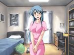  bed bedroom blue_hair blush indoors long_hair open_mouth pillow sagara-san'chi_no_etsuraku_life sagara_arisa solo standing tachi-e yamane_masahiro yellow_eyes 