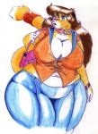  big_breasts blue_eyes breasts brown_hair clothing danellz felid female hair huge_breasts lion mammal overweight overweight_female pantherine pants pink_nose purse solo 