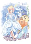  barefoot blonde_hair blue_eyes cinderella dress elbow_gloves glass_slipper gloves gown pop pumpkin shoes single_shoe solo white_gloves 