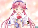  :d alchemist_(company) aria artist_request bangs blush closed_eyes facing_viewer fingerless_gloves flower gloves hair_tubes hat holding holding_flower long_hair mizunashi_akari open_mouth parted_bangs pink_hair red_flower red_rose ribbon rose short_hair_with_long_locks sidelocks single_glove smile solo upper_body 