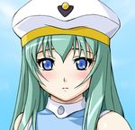  alice_carroll aria bare_shoulders beret blue_eyes blush closed_mouth expressionless face green_hair hat lowres solo upper_body zundarepon 