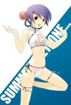  barefoot bikini brown_eyes bun_cover chinese_clothes dasoku_sentarou double_bun dress garters hair_rings original purple_hair ribbon side-tie_bikini solo swimsuit thigh_ribbon 