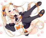  1girl abigail_williams_(fate/grand_order) alternate_costume animal_ears ass bangs blonde_hair blue_eyes blush bow breasts cameltoe cat_day cat_ears cat_tail commentary_request cosplay dangerous_beast detached_sleeves eyebrows_visible_through_hair fang fate/grand_order fate_(series) fur-trimmed_legwear fur_collar fur_trim highres kemonomimi_mode ko_yu long_hair looking_at_viewer mash_kyrielight mash_kyrielight_(cosplay) open_mouth orange_bow panties paw_print polka_dot polka_dot_bow puffy_detached_sleeves puffy_sleeves purple_legwear revealing_clothes shoes small_breasts solo sweatdrop tail thighhighs underwear very_long_hair white_panties 