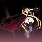  ass bardiche blonde_hair bodysuit cape fate_testarossa frapowa leotard long_hair lyrical_nanoha mahou_shoujo_lyrical_nanoha skirt solo thighhighs thong_leotard twintails 