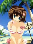  beach bikini breast_squeeze breasts copyright_request day highres huge_breasts mitsumi_misato outdoors solo striped striped_bikini summer swimsuit 