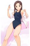  artist_request brown_eyes brown_hair competition_swimsuit forehead kawada_tomoko kimi_kiss off_shoulder one-piece_swimsuit open_clothes open_shirt shirt smile solo swimsuit swimsuit_under_clothes whistle 