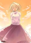  arcueid_brunestud azuma_shouko blonde_hair closed_eyes long_skirt long_sleeves purple_skirt short_hair skirt smile solo sweater tsukihime turtleneck 