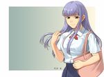  bag bangs blue_skirt border collared_shirt green_eyes grey_background handbag long_hair original purple_hair school_uniform shirt short_sleeves simple_background skirt smile solo upper_body very_long_hair white_border white_shirt yizumi 