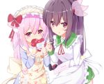  2girls :o absurdres animal_ears apron azur_lane bangs blue_shirt blush bow box brown_apron brown_hair cat_ears cherry_print commentary_request covered_mouth crossover eyebrows_visible_through_hair food_print frilled_apron frills gift gift_box green_sailor_collar green_skirt hair_between_eyes hair_bow hair_ornament heart-shaped_box highres holding holding_gift kantai_collection kappougi kisaragi_(azur_lane) kisaragi_(kantai_collection) long_hair long_sleeves multiple_girls namesake nekoyanagi_(azelsynn) parted_lips pink_eyes pink_hair pleated_skirt print_apron purple_eyes red_bow sailor_collar school_uniform serafuku shirt simple_background skirt valentine very_long_hair white_apron white_background white_sailor_collar 