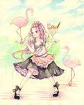  bird bird_on_hand blue_eyes collaboration flamingo food ice_cream kuko long_hair original pocky purple_hair solo squid surreal thighhighs traditional_media waitress watercolor_(medium) what yuufuushi 