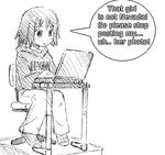  artist_request casual chair computer english greyscale laptop long_sleeves lowres monochrome nevada-tan pants real_life real_life_insert simple_background socks solo speech_bubble table third-party_edit white_background 