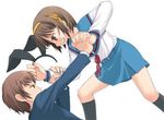  1girl animal_ears artist_request blue_sailor_collar brown_hair bunny_ears forced_dressing kita_high_school_uniform kyon long_sleeves lowres sailor_collar school_uniform serafuku short_hair suzumiya_haruhi suzumiya_haruhi_no_yuuutsu you_gonna_get_raped 