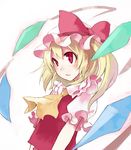  ascot blonde_hair closed_mouth face fang flandre_scarlet hat hat_ribbon one_side_up red_eyes ribbon short_hair slit_pupils solo touhou ushiki_yoshitaka wings 