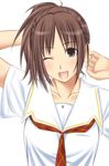  ;d big_wednesday brown_eyes brown_hair collarbone kibina_high_school_uniform kimi_kiss looking_at_viewer one_eye_closed open_mouth ponytail sakino_asuka school_uniform serafuku shirt short_hair short_sleeves simple_background smile solo upper_body white_background white_shirt 