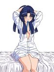  asakura_ryouko bed blue_hair closed_eyes dark_blue_hair dress_shirt long_hair long_sleeves mem mouth_hold naked_shirt no_bra open_clothes open_shirt shirt sleeves_pushed_up solo suzumiya_haruhi_no_yuuutsu white_shirt 