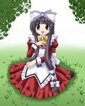  :d apron artist_request black_eyes black_hair blush bow bowtie dress full_body grass hair_bow juliet_sleeves kokoro_(kokoro_toshokan) kokoro_toshokan lolita_fashion long_hair long_sleeves looking_at_viewer open_mouth outdoors plant puffy_sleeves red_dress sitting smile solo yellow_bow 