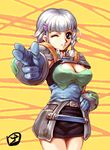  armor blue_eyes braid breasts cleavage cleavage_cutout cowboy_shot hand_on_hip hisahiko large_breasts looking_at_viewer one_eye_closed outstretched_arm parted_lips seolla_schweizer single_braid smile solo super_robot_wars yellow_background 