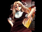  artist_request black_background blonde_hair copyright_name dress fate/stay_night fate_(series) green_eyes long_hair luviagelita_edelfelt red_dress smile solo 