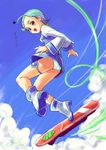  aqua_hair blue blue_panties blue_skirt blush boots cloud cosmic_baton_girl_comet-san day dress duplicate eureka eureka_seven eureka_seven_(series) hair_ornament hairclip long_sleeves looking_back panties pantyshot parody red_eyes short_dress skirt sky solo thigh_strap underwear upskirt 