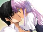  1girl black_hair couple faceless faceless_male fumio_(ura_fmo) game_cg hair_ribbon hetero kiss lavender_hair long_hair open_clothes open_shirt ribbon school_uniform setouchi_aoi shirt sorauta 