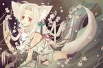  animal_ears artist_request bare_shoulders cherry_blossoms copyright_request earrings flower fox_ears fox_mask jewelry leaning_forward long_hair mask red_eyes ribbon solo tail very_long_hair white_hair 