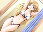  adjusting_hair armpits arms_up bikini blue_eyes breasts brown_hair cleavage covered_nipples fitting_room front-tie_top game_cg glasses happy large_breasts long_hair mitarashi_kousei rimless_eyewear side-tie_bikini solo standing swimsuit takahara_yuuno underboob yuunee_to_issho 