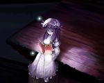  book bow crescent dress frills glowing hair_bow hat kurona long_hair long_sleeves night patchouli_knowledge purple_eyes purple_hair reading rooftop sitting solo striped touhou 