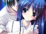  1girl blue_eyes blue_hair blush faceless faceless_male fumio_(ura_fmo) game_cg hair_ribbon hug long_hair nagasumi_mana ribbon school_uniform sorauta 